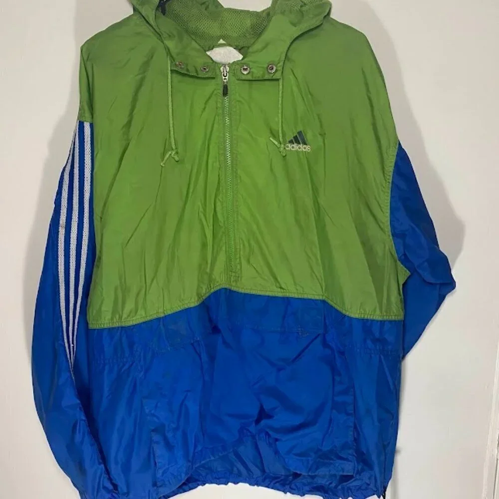 Adidas Vintage Green Blue Color Block Windbreaker Pullover Jacket